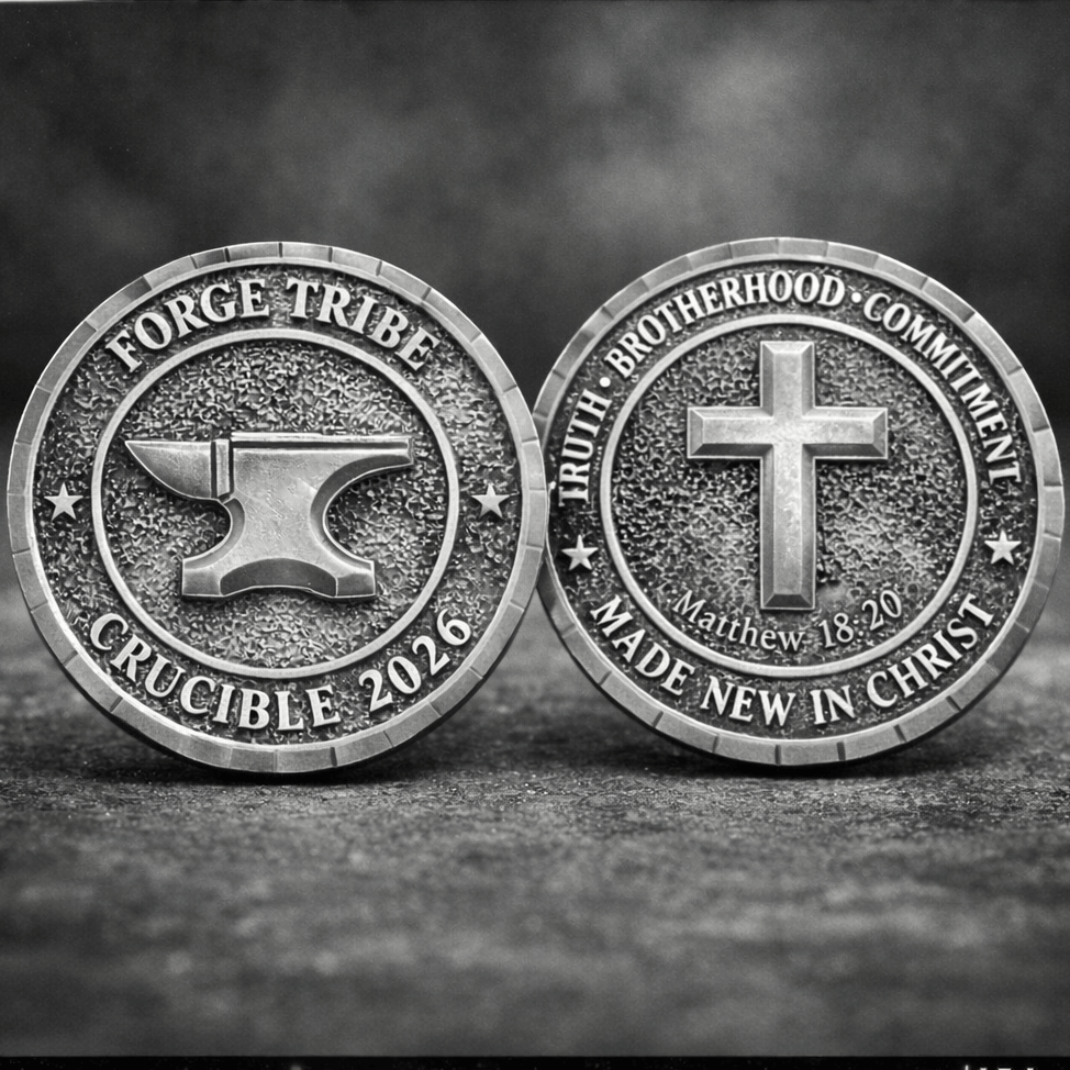 Two metallic coins with symbols and text on a dark background