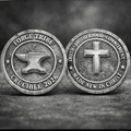 Two metallic coins with symbols and text on a dark background