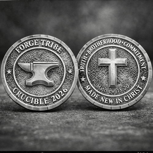Two metallic coins with symbols and text on a dark background