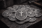 Stack of silver coins with a cross symbol on a dark surface