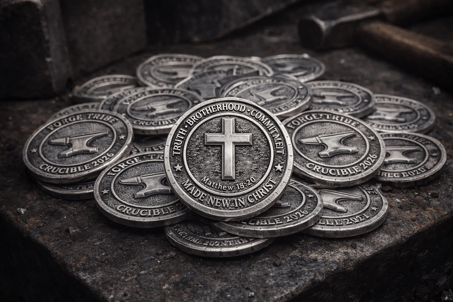 Stack of silver coins with a cross symbol on a dark surface