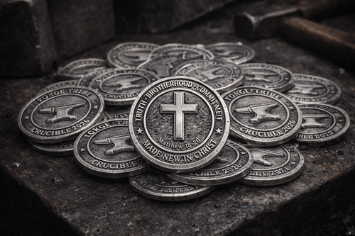 Stack of silver coins with a cross symbol on a dark surface