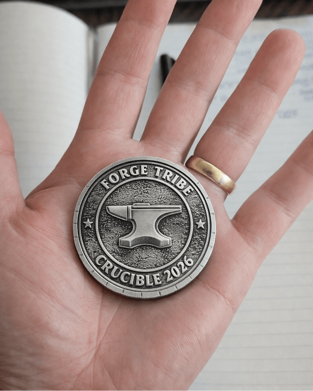 Hand holding a silver coin with 'Forge Tribe Crucible 2026' design in front of a keyboard.